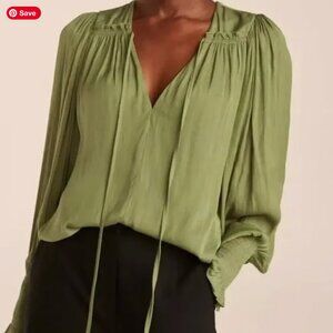 Rebecca Taylor Tie Neck Sateen Blouse Green Avocado Ruched Sleeve NWT